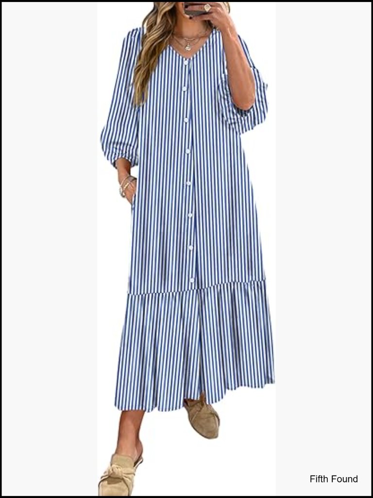 Boho Maxi Dress Puff Sleeve V Neck Flowy Long Casual With Pockets